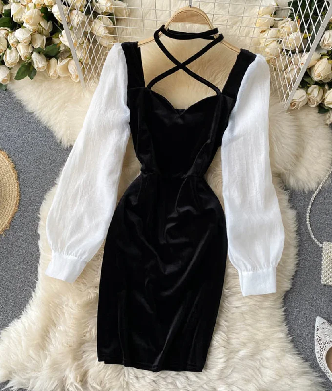 Fitted Long Sleeves Midi DressBlack velvet and white dress long sleeve dress  905