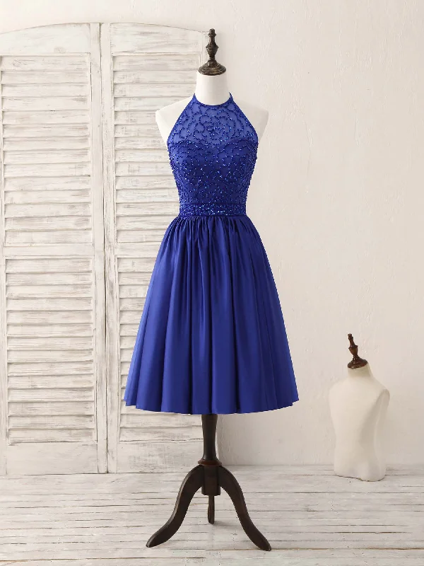 prom dress alterationsRoyal Blue Satin Beads Short Prom Dress Blue Homecoming Dress