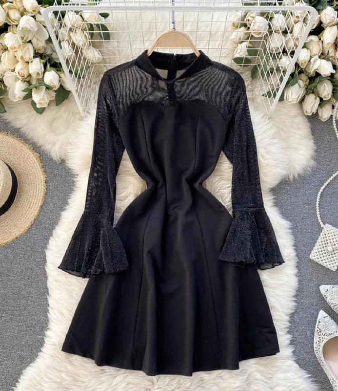 Flowing Long Sleeves Empire DressBlack A line long sleeve dress  1299