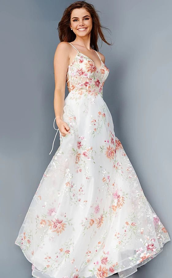 prom dresses for apple shapesJVN23212 Off White Floral Embellished A Line Prom Dress