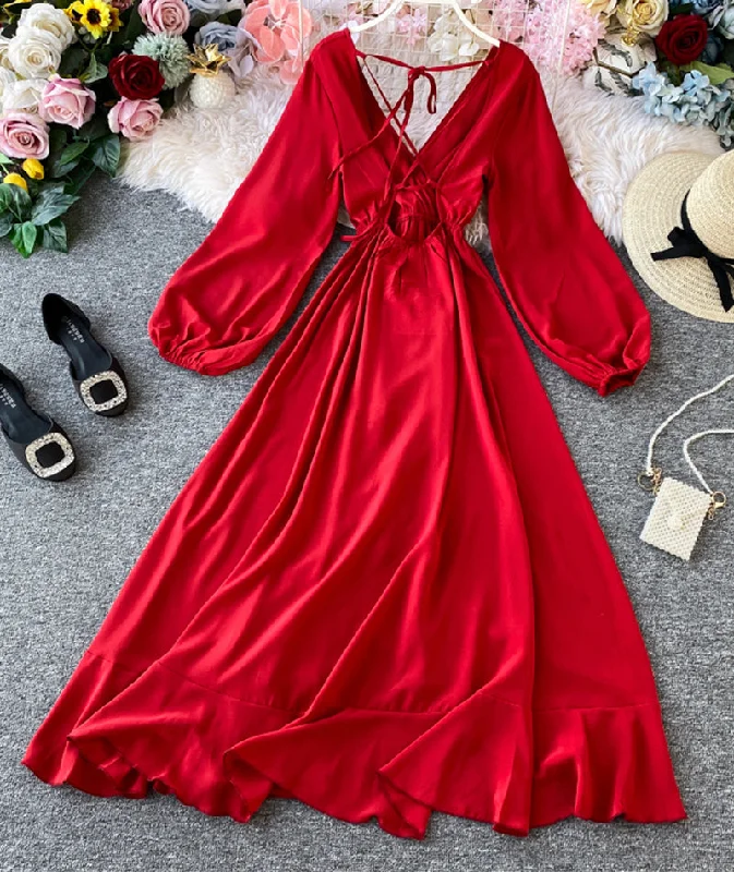 Fuzzy Long Sleeves Velvet DressRed A line v neck long sleeve dress women's dress  1066