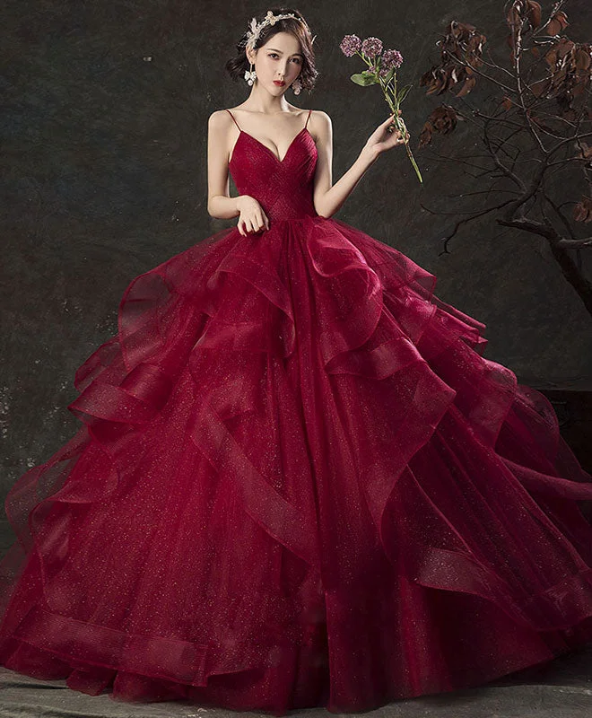 ready-to-wear prom dressesBurgundy V Neck Tulle Long Prom Dress, Burgundy Sweetheart 16 Dress