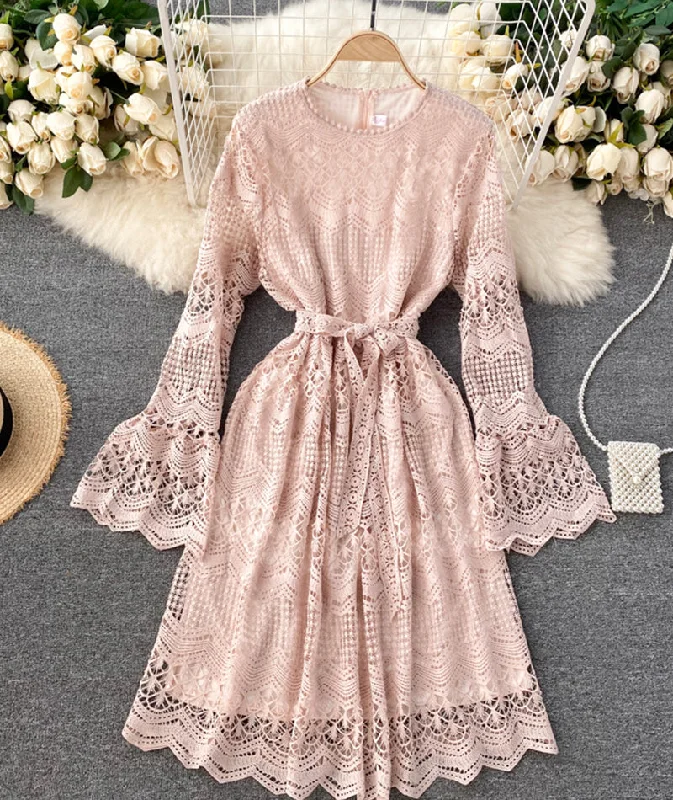 Flowery Silk Long Sleeves DressCute lace long sleeve dress lace dress  968