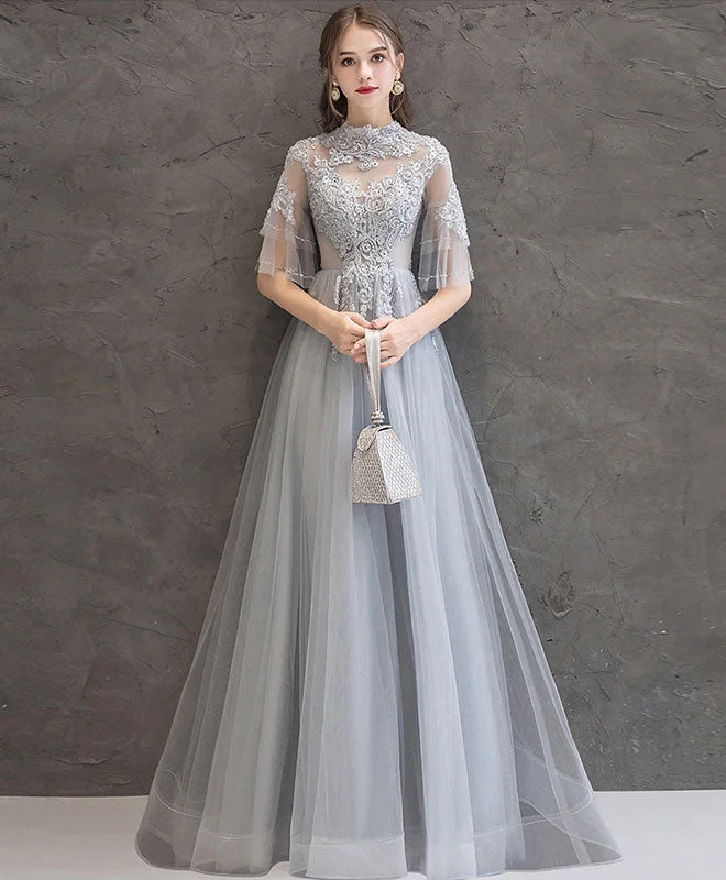 satin prom dressesGray Lace Tulle Long Prom Dress Gray Tulle Lace Formal Dress