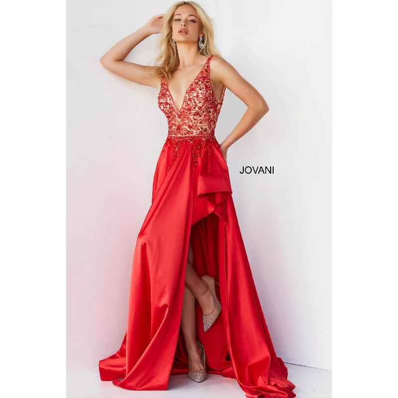 ready-to-wear prom dressesJovani Red Embellished Bodice Satin Prom Gown 07415