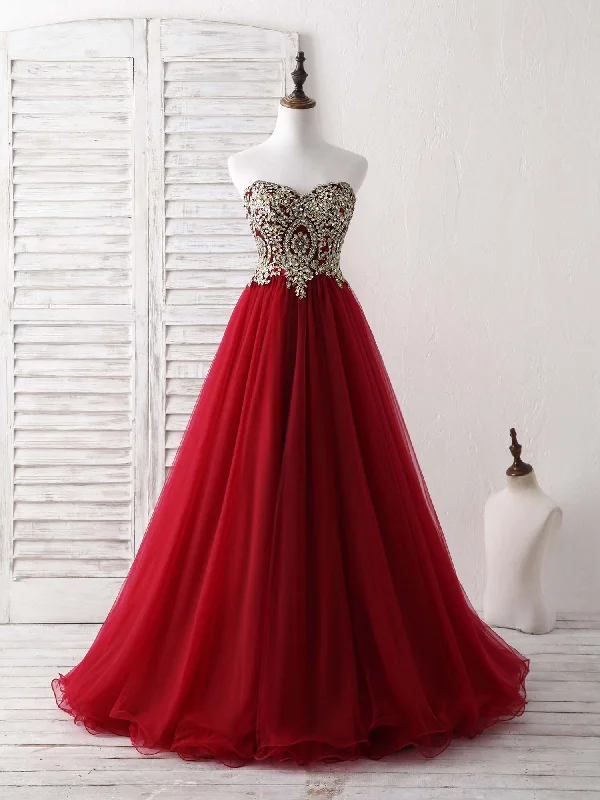 plus-size prom dressesBurgundy Sweetheart Neck Lace Applique Tulle Long Prom Dresses