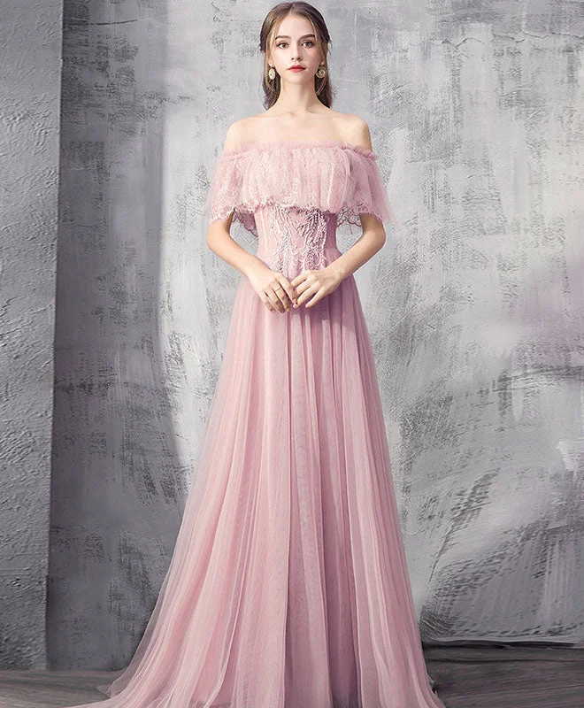 mid-length prom dressesPink Tulle Lace Long Prom Dress Pink Tulle Formal Dress