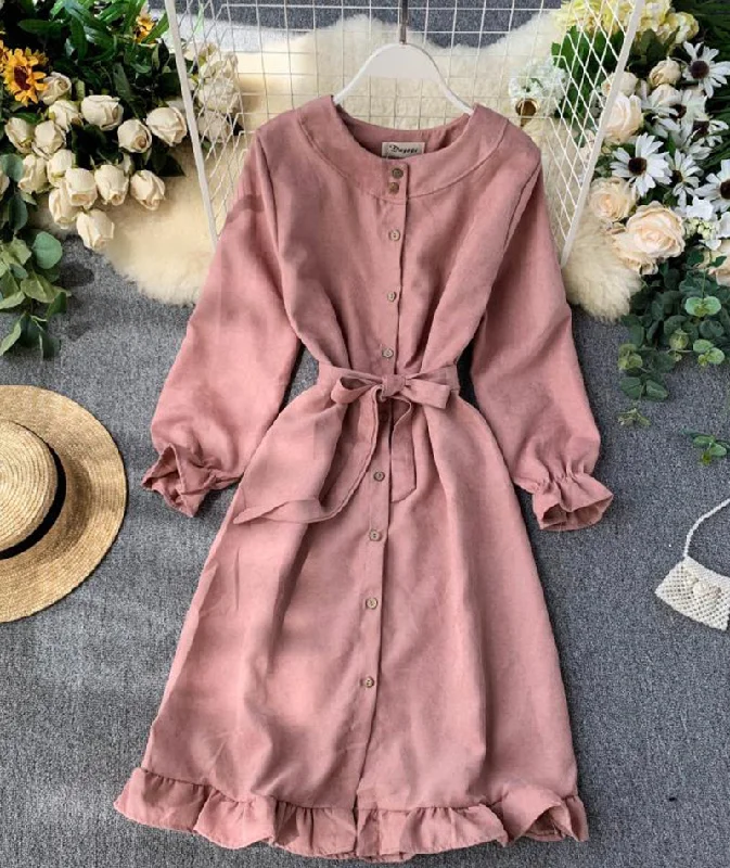 Flowy Long Sleeves DressLong sleeve ruffle hem button down dress  1041