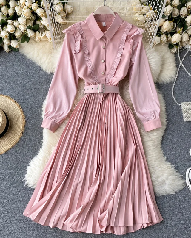 Fitted Long Sleeves Peplum Midi DressSweet pink A line long sleeve dress  1046