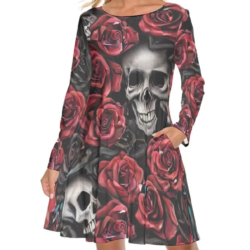 Fabulous Long Sleeves Babydoll DressWomen's Red Roses & Skulls Crew Neck Long Sleeve Dress