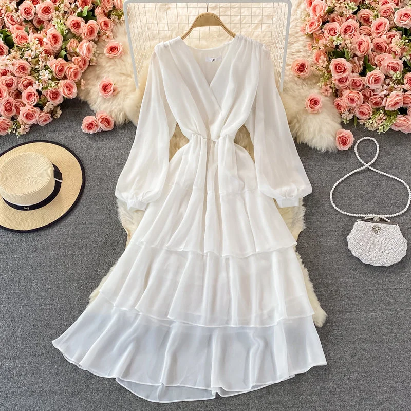 Full Coverage Long Sleeves DressWhite v neck long sleeve dress fashion dress  491