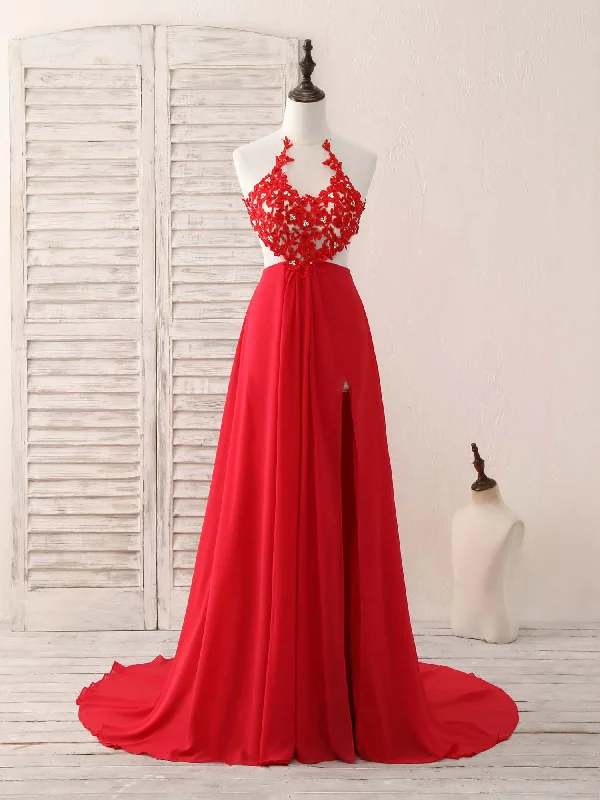 prom dress shopping tipsRed Hight Neck Chiffon Lace Applique Long Prom Dress, Red Formal Dress