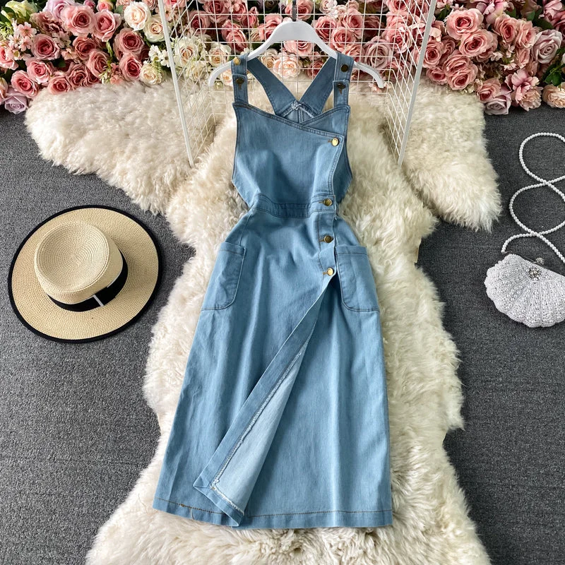 Sleeveless Dress With ButtonsDenim suspender dress split sleeveless suspender vest skirt  3312