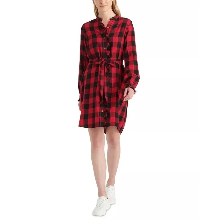 Flirty Long Sleeves Cold-Shoulder DressLucky Brand Women's Mackenzie Buffalo Plaid Long Sleeve Cotton Blend Shirtdress Red Size Large