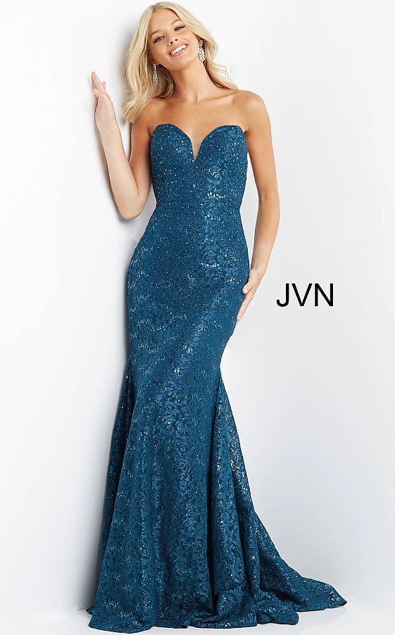 custom prom dressesJVN08511 Peacock Lace Strapless Prom Dress