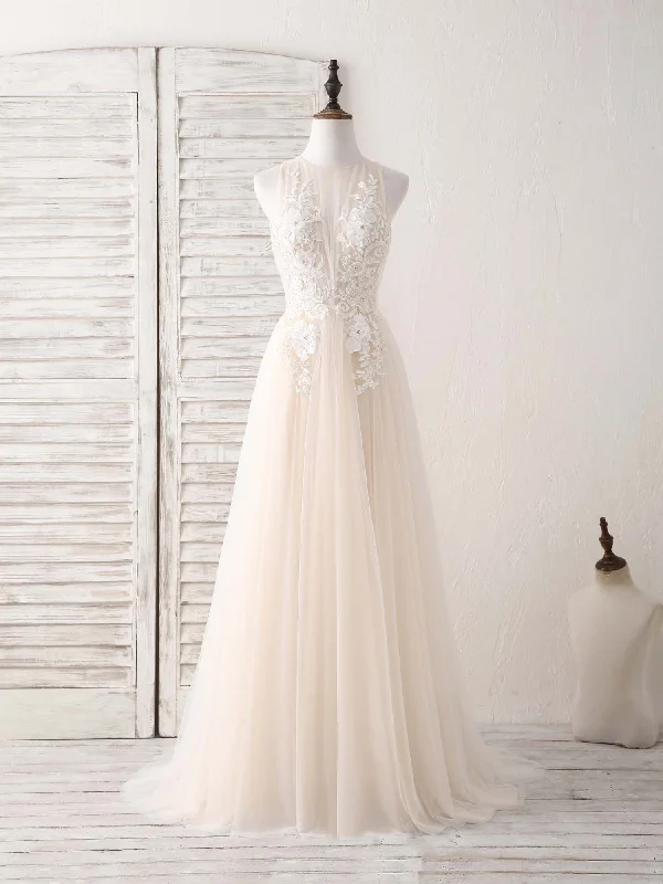 custom prom dressesChampagne Round Neck Tulle Lace Applique Long Prom Dress