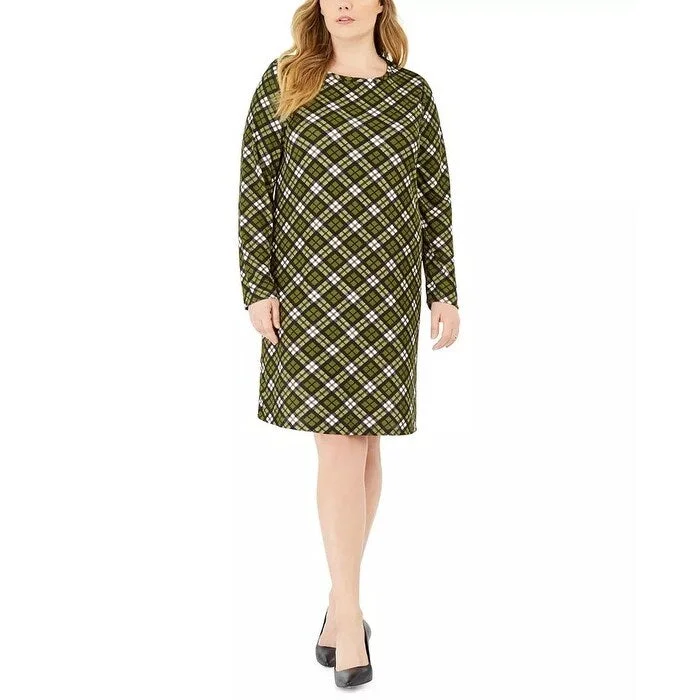 Fancy Long Sleeves DressMichael Kors Women's Plus Plaid Long Sleeve Shift Dress Green Size 3X