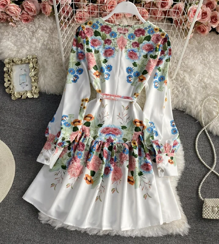 Flexible Long Sleeves Chiffon DressStylish A line floral dress long sleeve dress  803