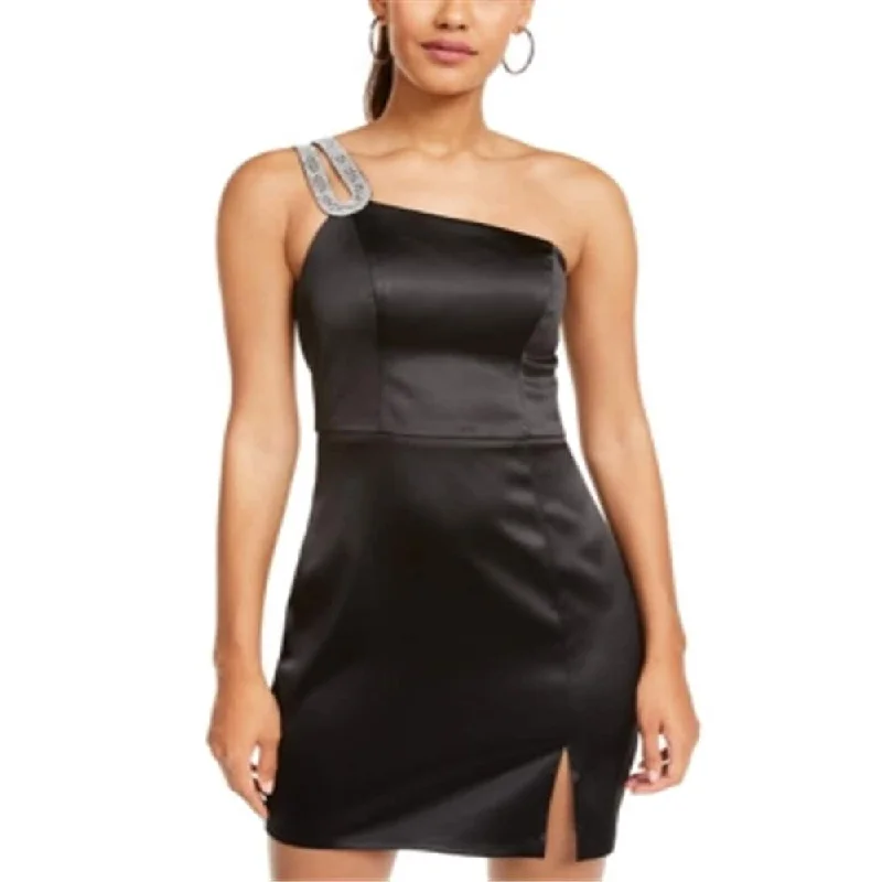 Sleeveless Dress With StripesSequin Hearts Women's Satin Embellished Zippered Sleeveless Asymmetrical Neckline Short Cocktail Sheath Dress Black Size 11