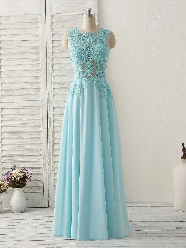 elegant prom dressesBlue Round Neck Lace Chiffon Long Prom Dress, Blue Long Formal Dresses