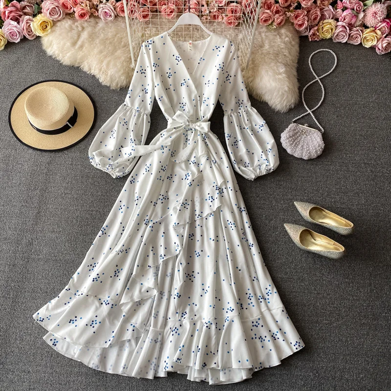 Flowing Chiffon Long Sleeves DressWhite v neck long sleeve dress fashion dress  537