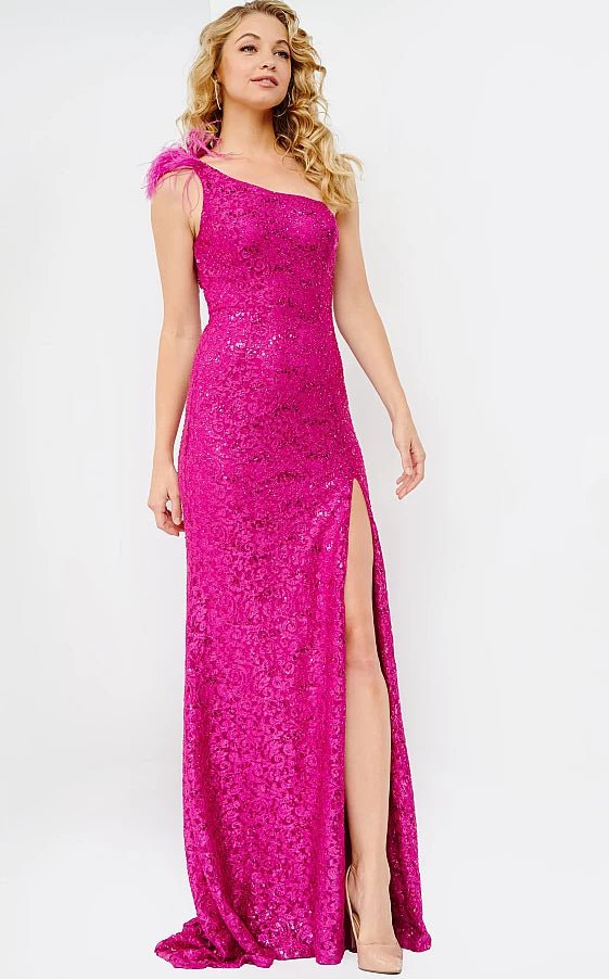 satin prom dressesJVN08175 Fuchsia One Shoulder Lace Sheath Prom Dress