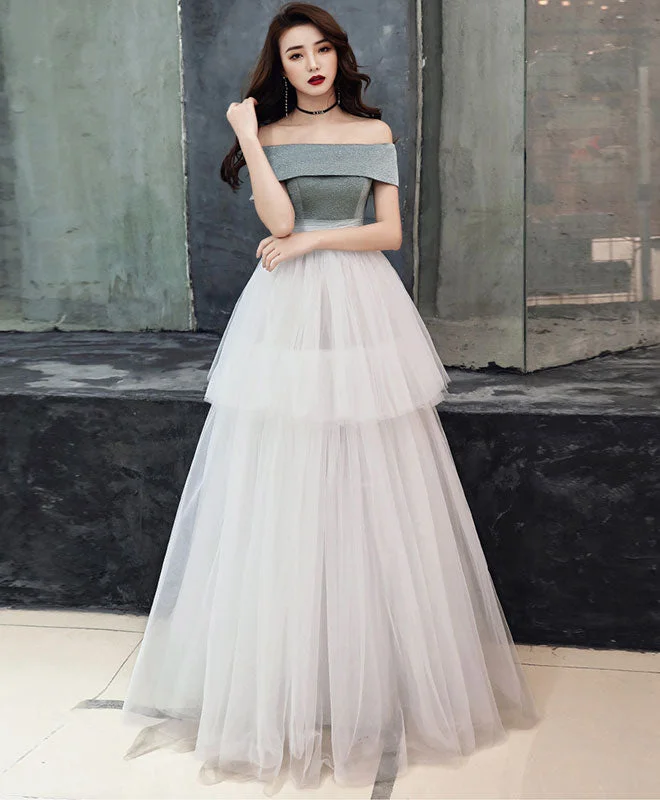 flutter sleeve prom dressesWhite Tulle Long Prom Dress, White Tulle Formal Dress