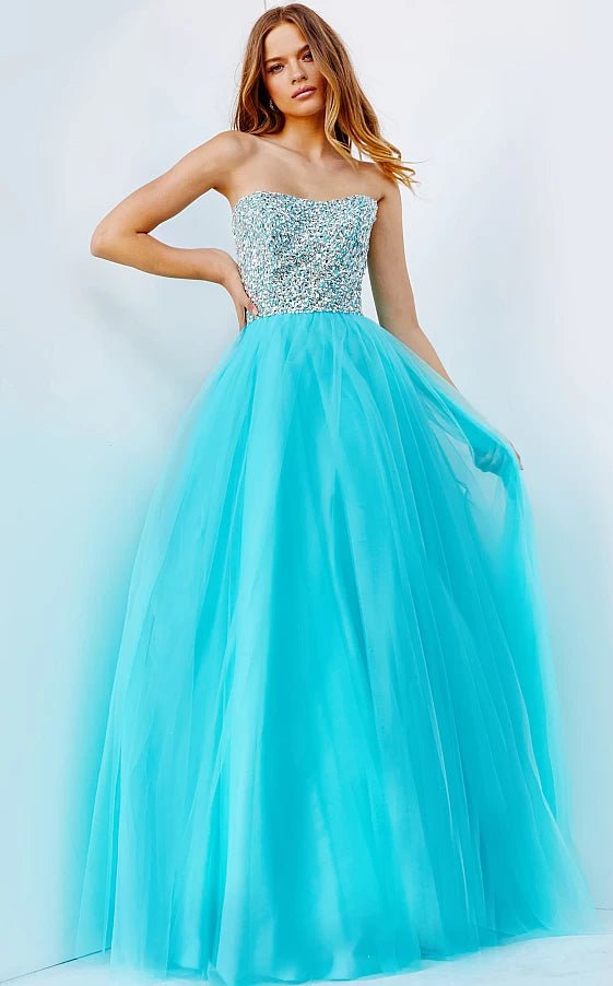 prom dress shopping tipsJVN52131 Blush Strapless Embellished Bodice Prom Ballgown