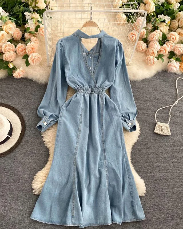 Fresh Floral Long Sleeves DressStylish denim backless dress long sleeve dress  1019