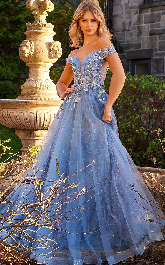 prom dresses for short girlsJVN23698 Sky Blue Floral Bodice Prom Ballgown