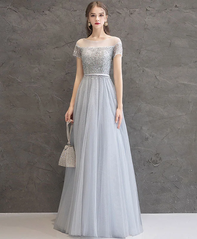 illusion sleeve prom dressesGray Tulle Sequin Long Prom Dress, Gray Tulle Formal Dress