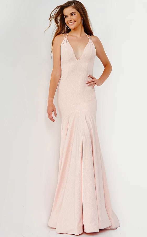 mermaid prom dressesJVN08469 Blush Backless V Neck Sheath Prom Dress