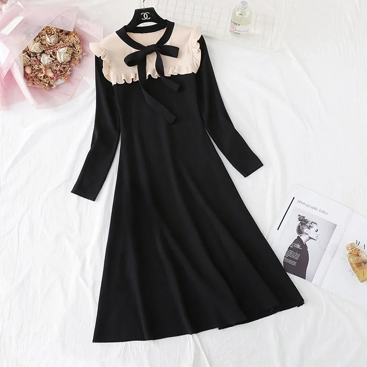 Full-Body Long Sleeves DressNew fashion French retro long sleeve bottomed wool dress  2393