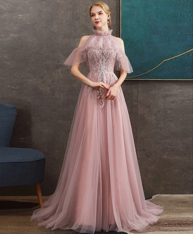 prom dresses for winterPink Tulle Lace Long Prom Dress Pink Tulle Formal Graduation Dress with Beading