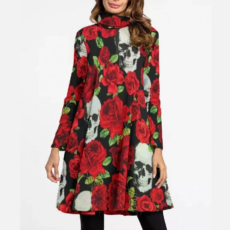 Formal Long Sleeves Lace-Up DressWomen's Skulls Red Roses High Neck Dress With Long Sleeve