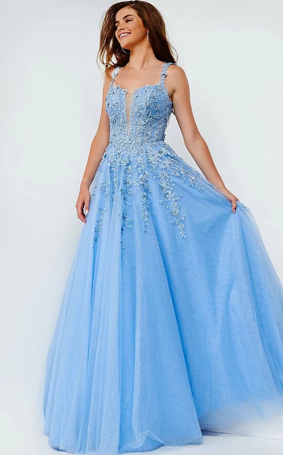 flutter sleeve prom dressesJVN4271 Sky Blue Illusion V Neck Prom Ballgown