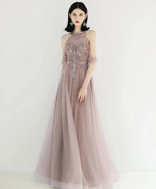 high-low prom dressesUnique Tulle Beads Long Prom Dress, Tulle Formal Dress