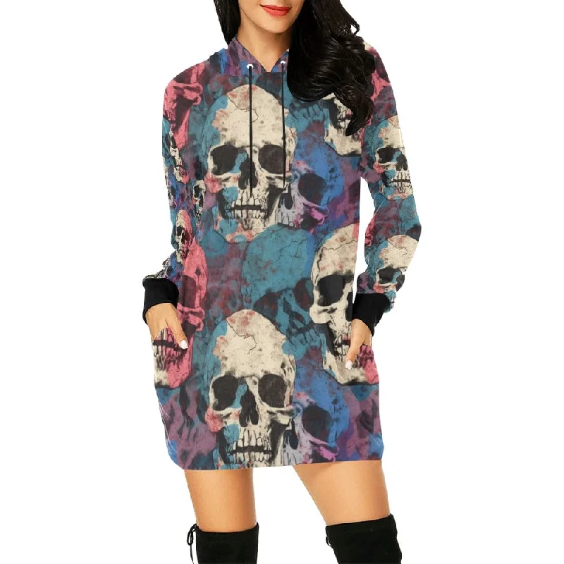 Funky Long Sleeves Cami DressWomen's Pink Blue White Skulls Hoodie Long Sleeve Dress