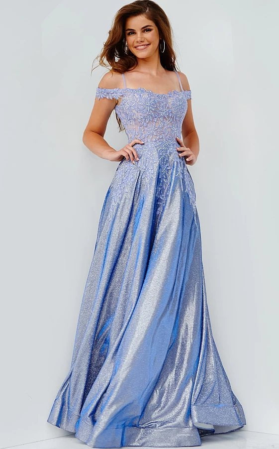 bespoke prom dressesJVN06503 Perriwinkle Off the Shoulder A Line Prom Gown