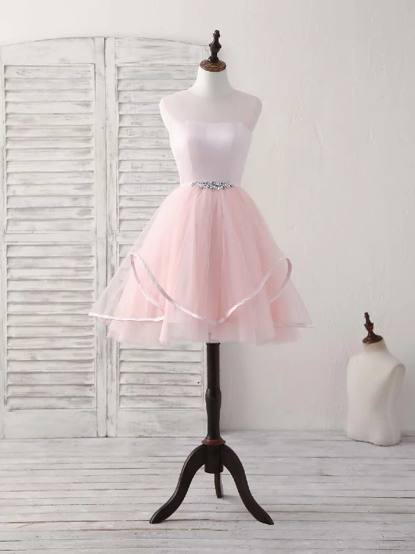 prom dresses with pocketsPink Round Neck Tulle Pink Short Prom Dress Pink Homecoming Dress