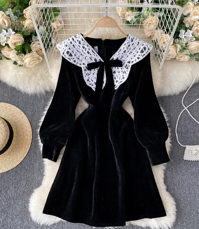 Flexible Long Sleeves Bridesmaid DressLovely A line corduroy dress long sleeve lace dress  922