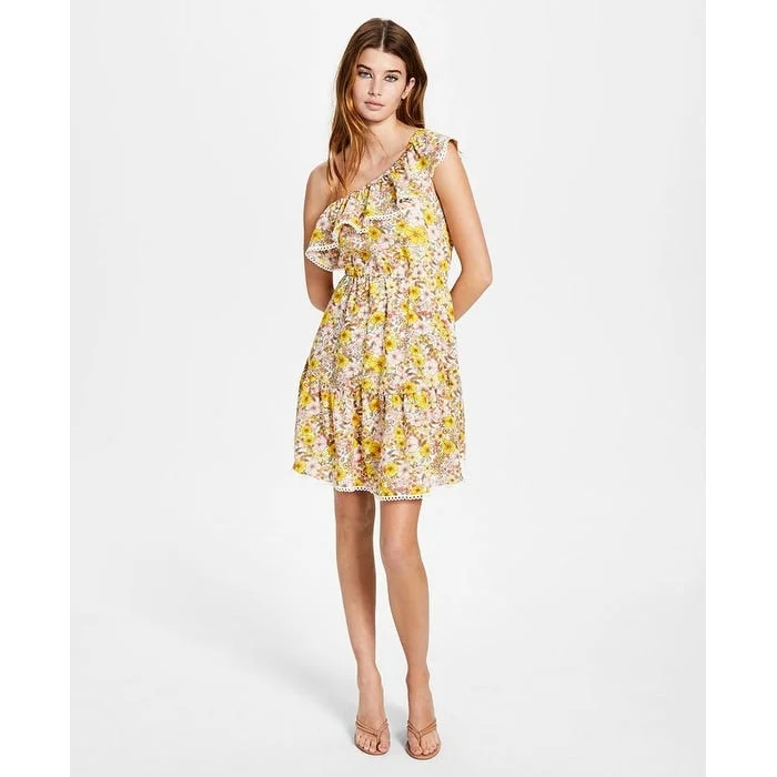 Sleeveless Dress MiniBar Iii Women's Ruffled Lace Trim Lined Floral Sleeveless Asymmetrical Neckline Short Fit Flare Dress Yellow Size Medium