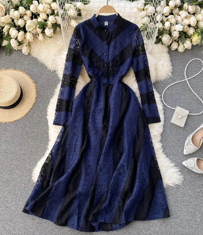 Fashionable Long Sleeves A-Line DressBlue lace long sleeve dress A line dress  1301