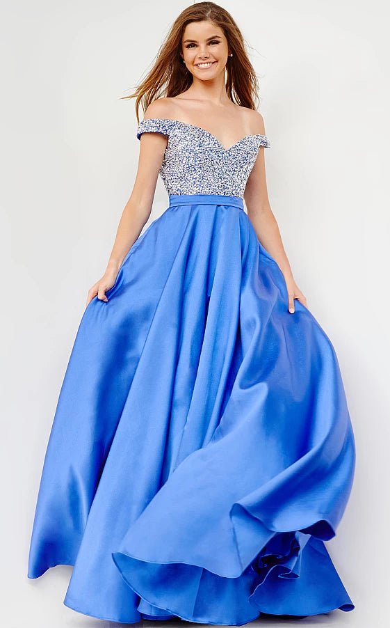 prom dresses for curve-hugging figuresJVN08474 Royall Off the Shoulder A Line Prom Gown