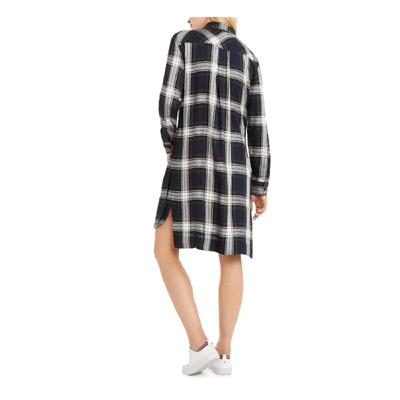 Formal Winter Long Sleeves DressTommy Hilfiger Women's Plaid Long Sleeve Collared Above The Knee Shirt Dress Dress Blue Size 6