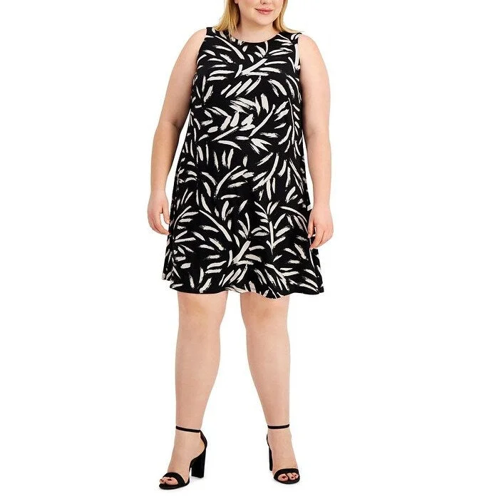 Sleeveless Dress With Button-Up BackKasper Women's Stretch Printed Sleeveless Round Neck Short Cocktail Shift Dress Black Size 3X