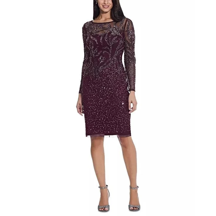 Formal Evening Long Sleeves DressAdrianna Papell Women's Beaded Long Sleeve Dress Purple Size 16