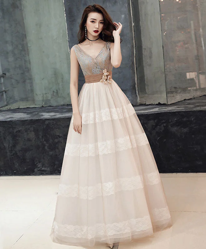 off-the-shoulder prom dressesUnique V Neck Tulle Lace Long Prom Dress Tulle Lace Formal Dress