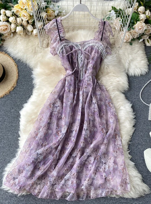 Sleeveless Dress With Long SkirtPurple print sleeveless short dress women's dress  1177