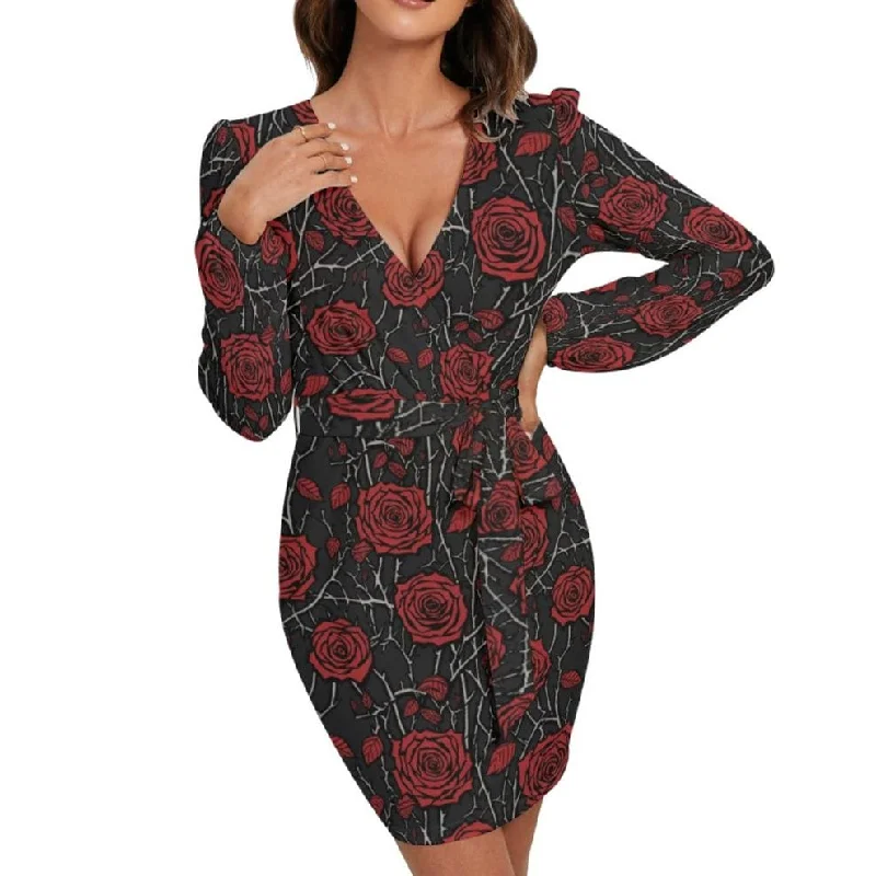 Fashionable Long Sleeves Off-the-Shoulder DressWomen's Gothic Red Rose Vine Long Sleeve Dress With Waist Belt